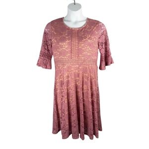 Twink Lady Dress Womens XL Mauve Pink Lace with Nude Underlay Bell Half Sleeves
